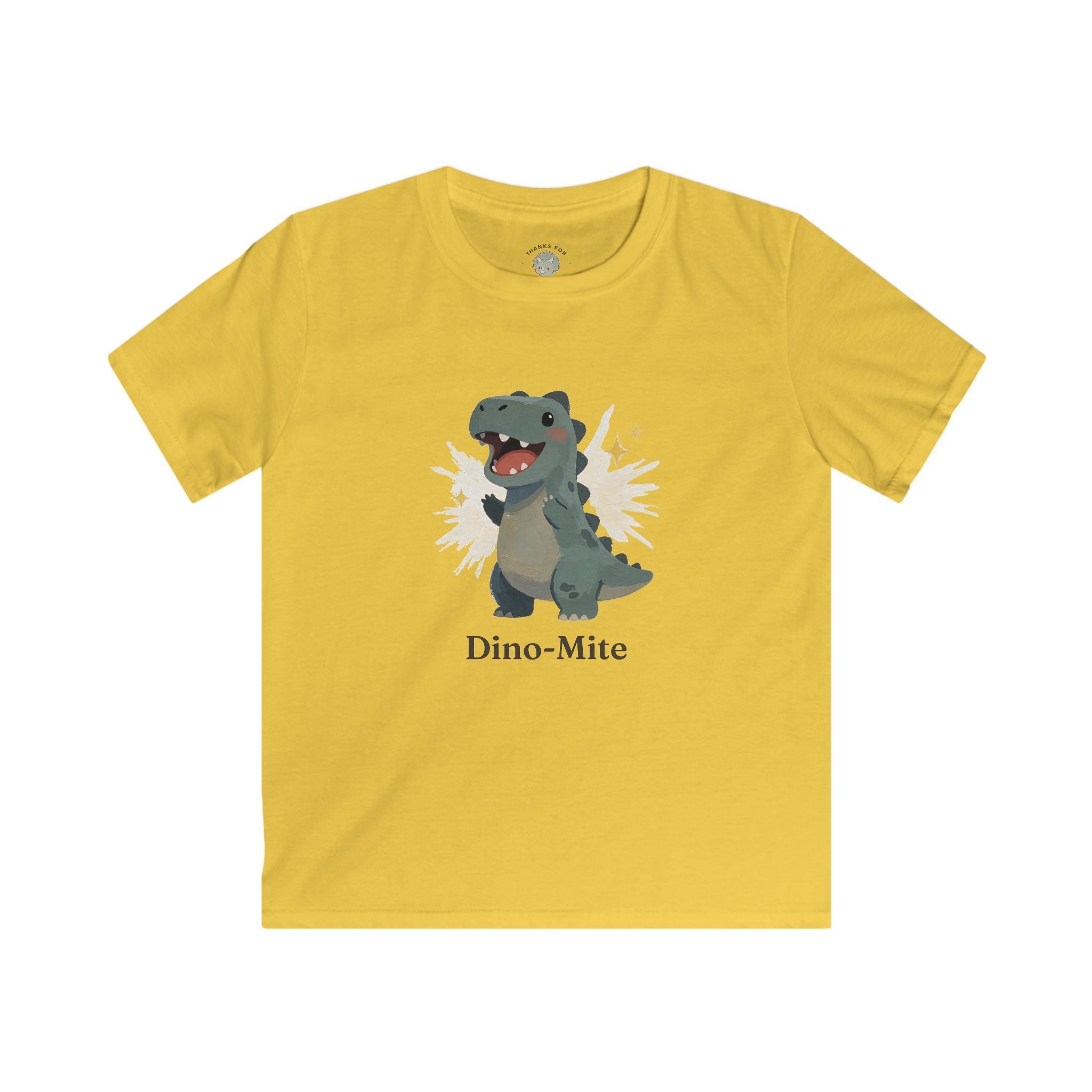 Kids Dino-Mite T-Shirt — Cute Cheerful Dinosaur Pun Graphic Tee