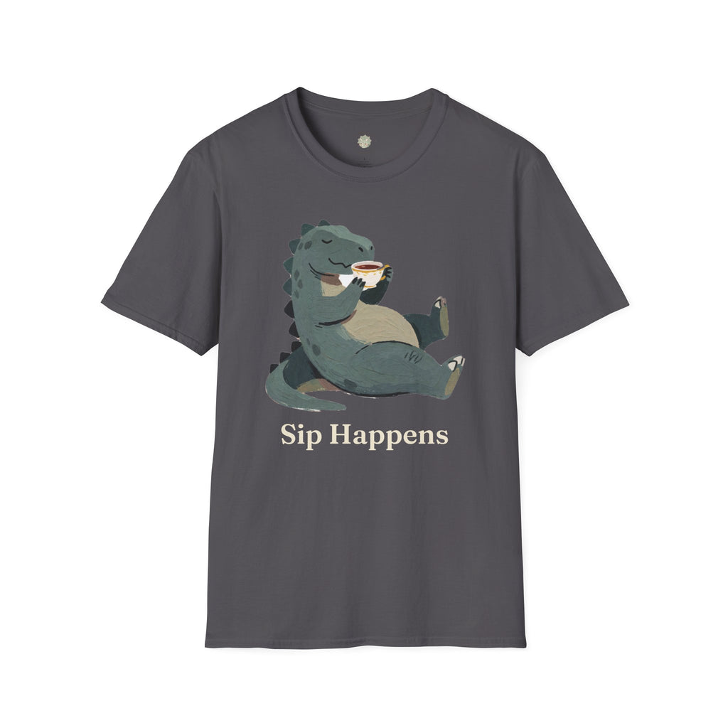 Sip Happens T-Shirt — Funny Dinosaur Coffee Tea Graphic Tee