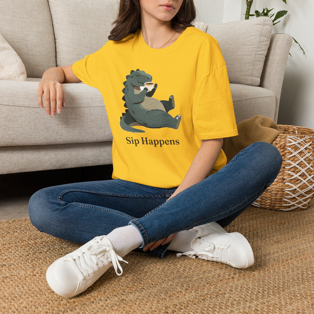 Sip Happens T-Shirt — Funny Dinosaur Coffee Tea Graphic Tee