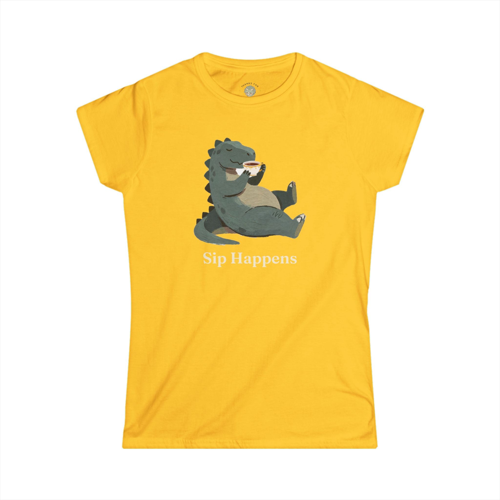 Women's Sip Happens T-Shirt — Funny Dinosaur Coffee Tea Graphic Tee