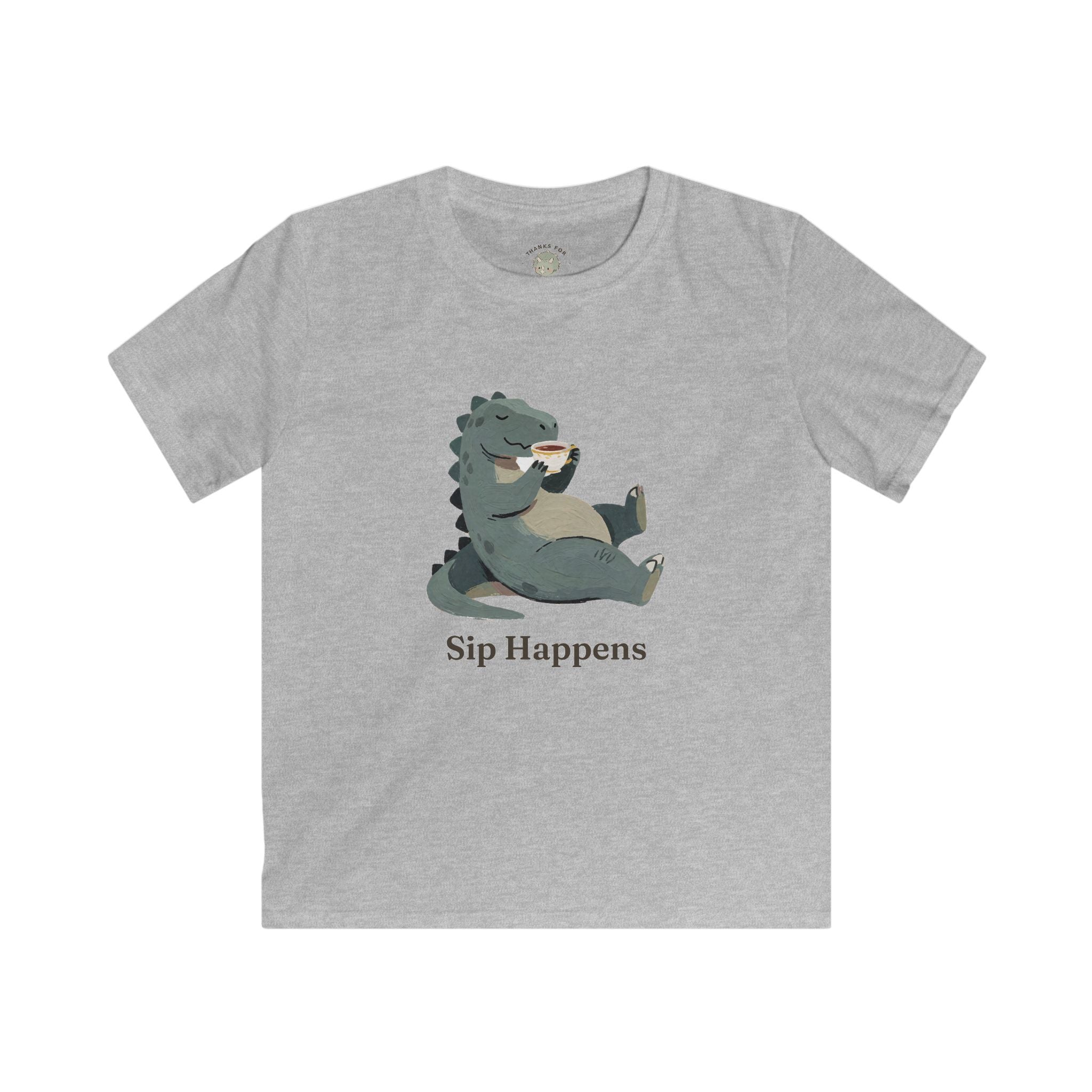 Kids Sip Happens T-Shirt — Funny Dinosaur Coffee Tea Graphic Tee