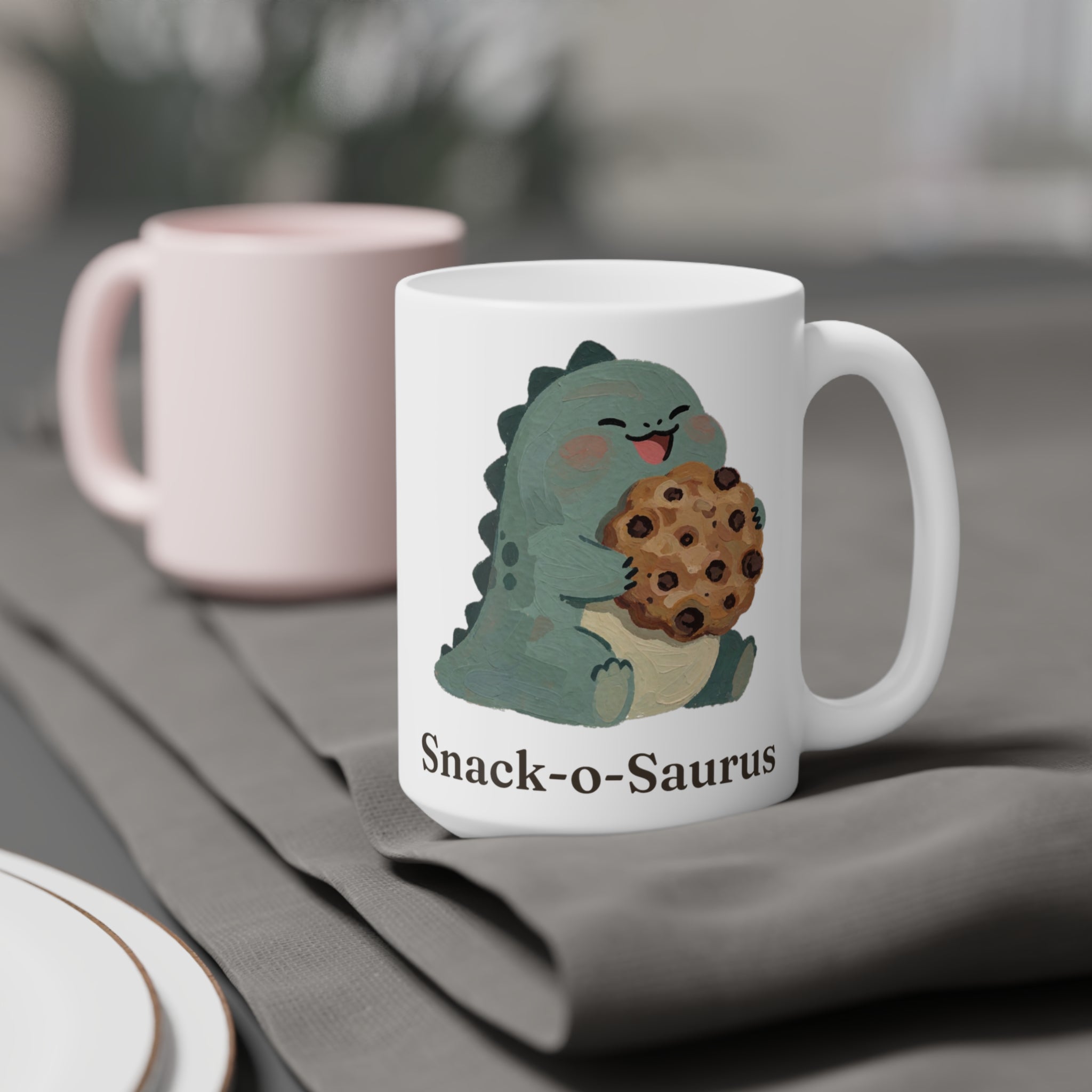 Snack-o-Saurus Mug — Cute Cookie Dinosaur Snack Ceramic Mug