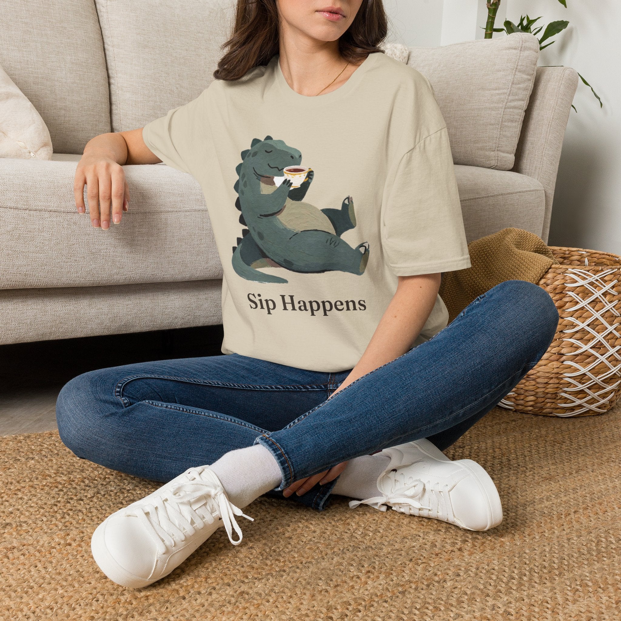 Sip Happens T-Shirt — Funny Dinosaur Coffee Tea Graphic Tee