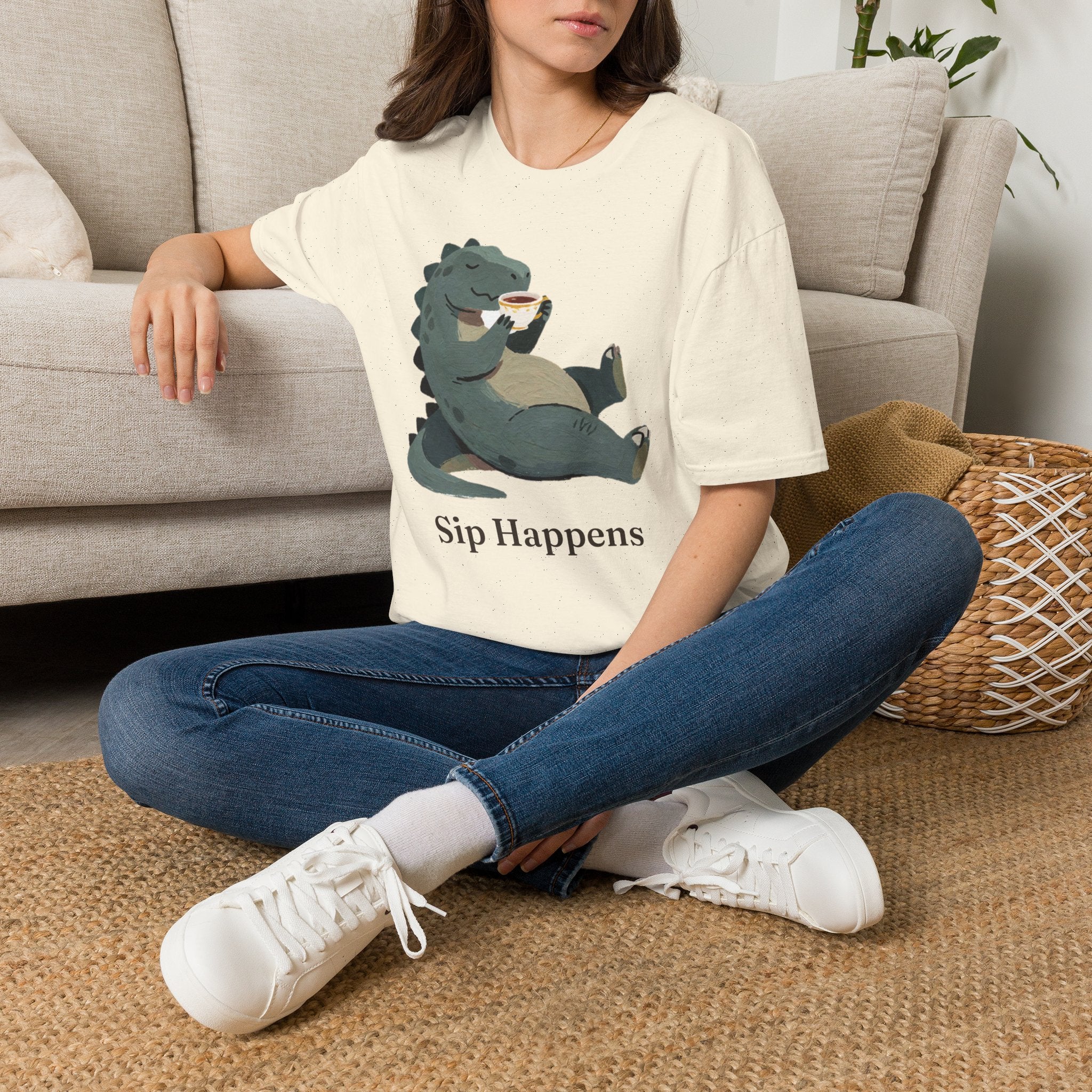 Sip Happens T-Shirt — Funny Dinosaur Coffee Tea Graphic Tee