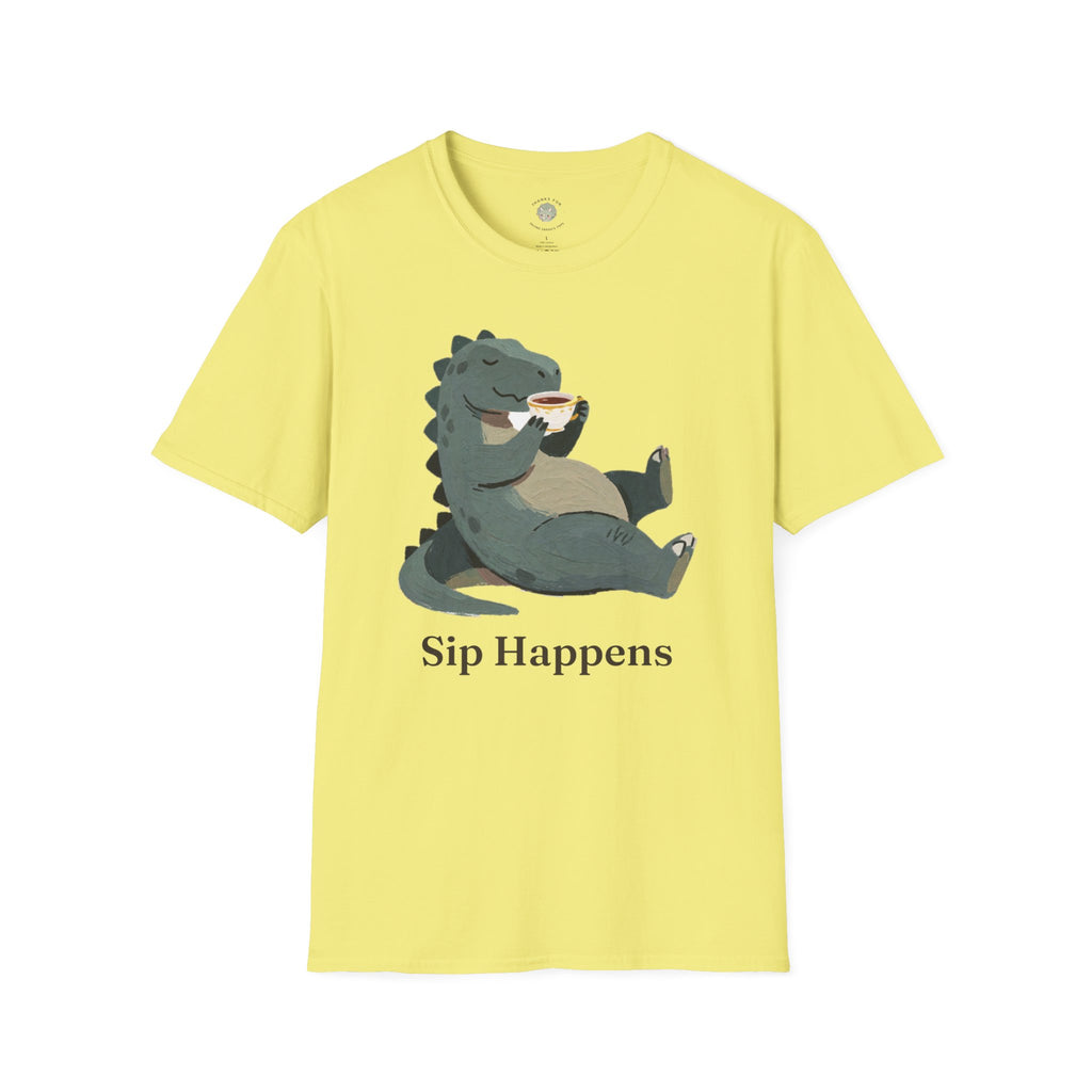 Sip Happens T-Shirt — Funny Dinosaur Coffee Tea Graphic Tee