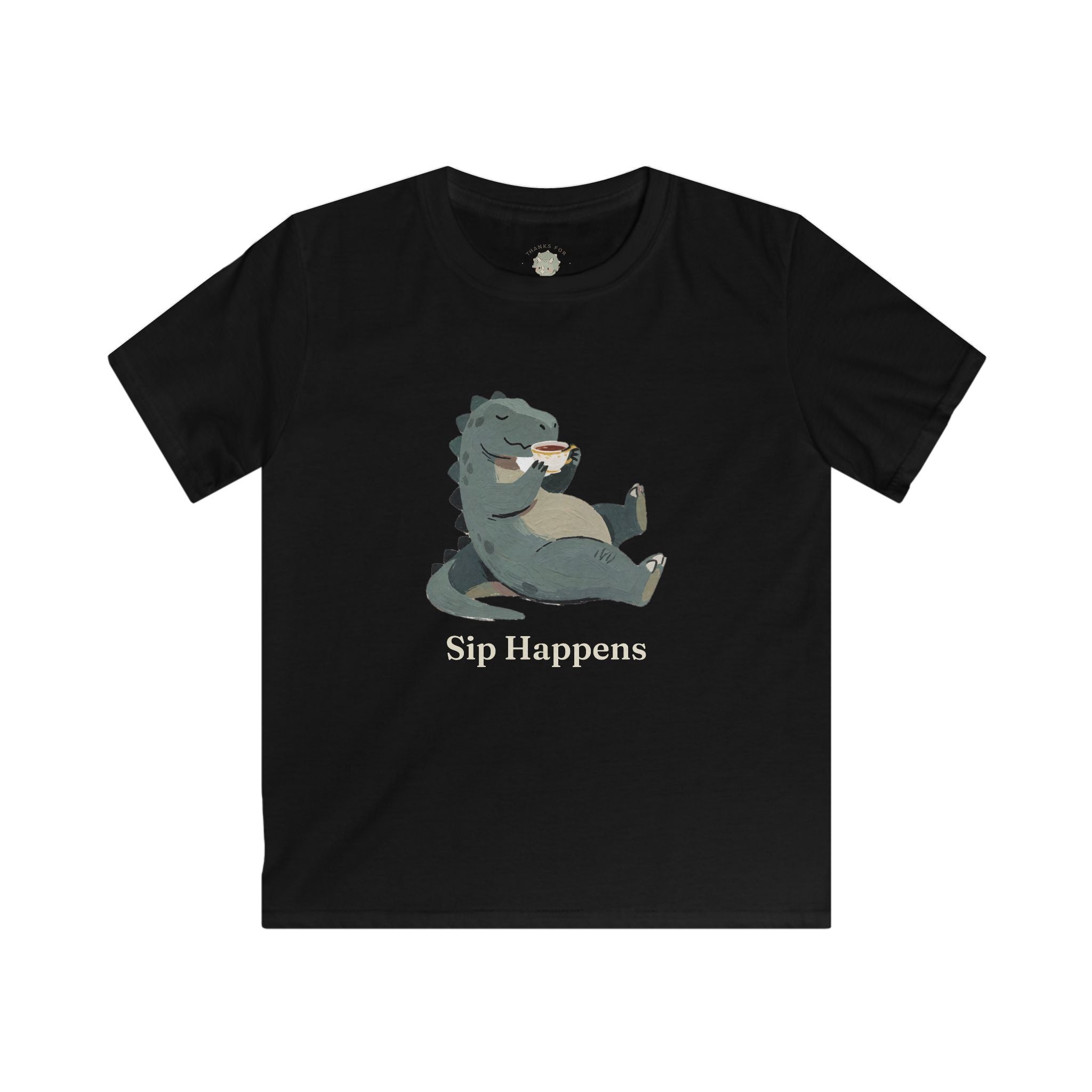 Kids Sip Happens T-Shirt — Funny Dinosaur Coffee Tea Graphic Tee