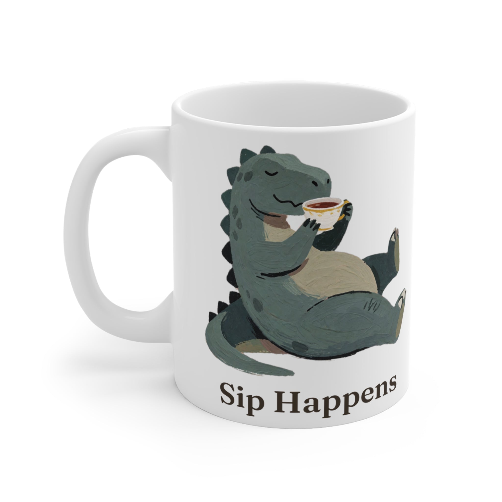 Sip Happens Mug — Funny Dinosaur Coffee Tea Ceramic Mug