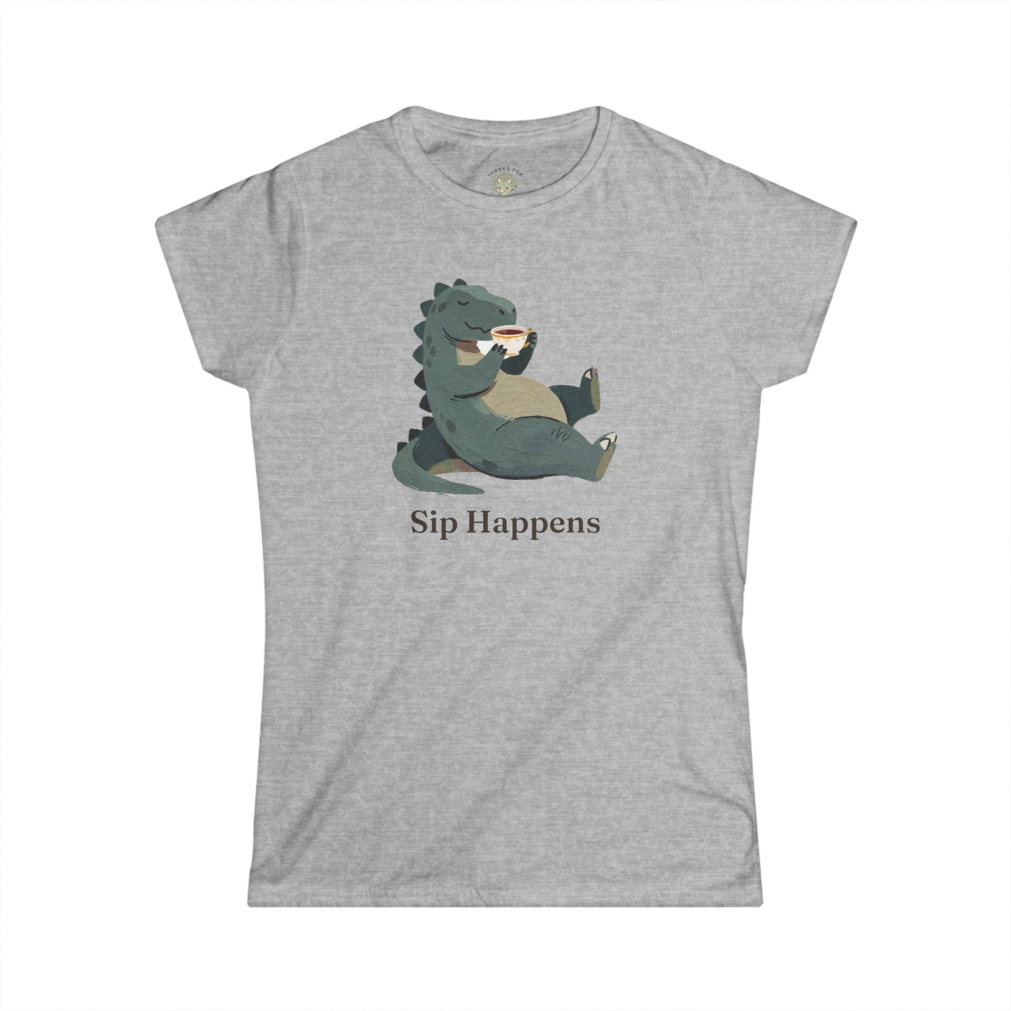 Women's Sip Happens T-Shirt — Funny Dinosaur Coffee Tea Graphic Tee
