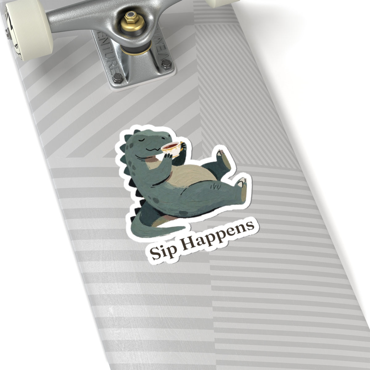 Sip Happens Sticker — Funny Dinosaur Coffee Tea Vinyl Sticker