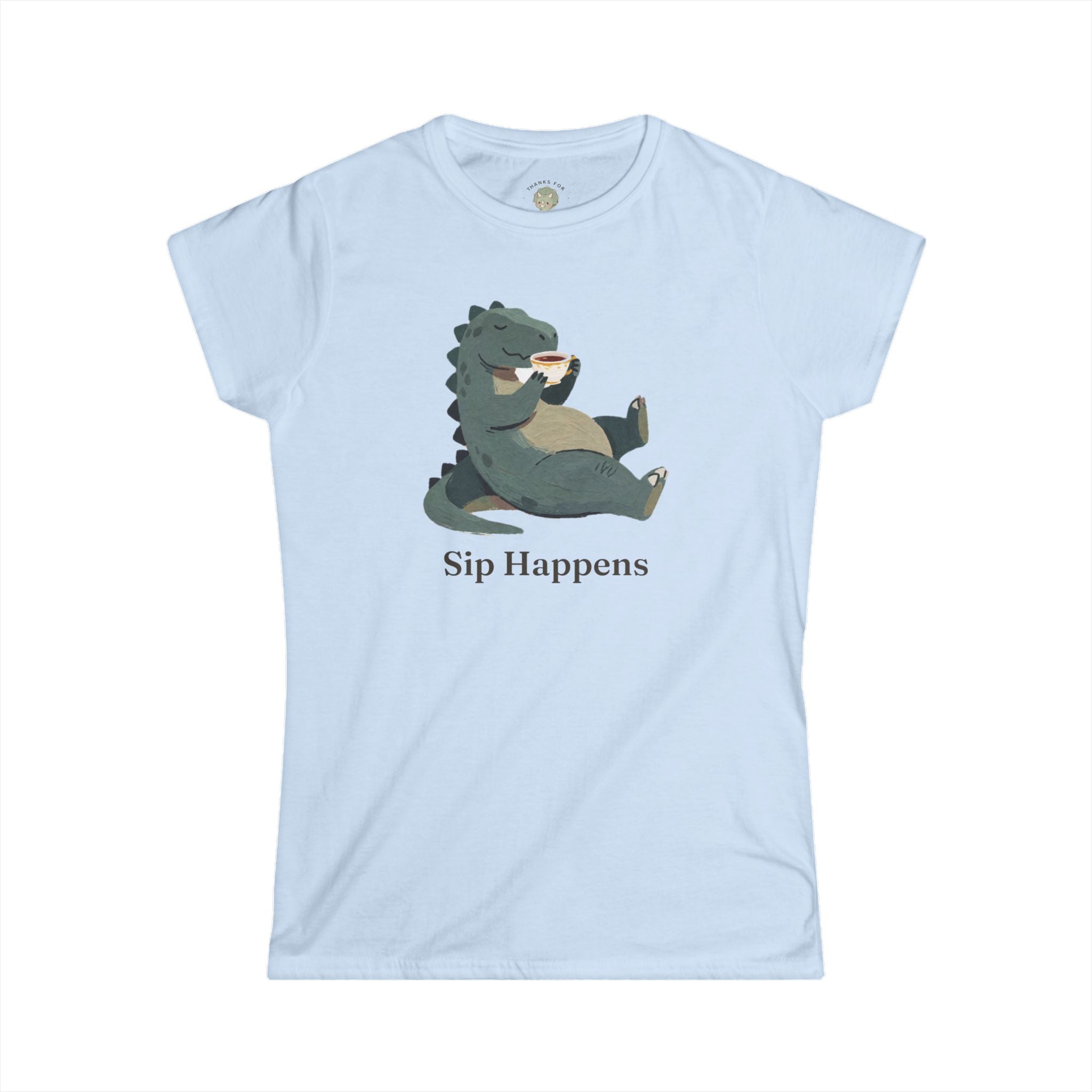Women's Sip Happens T-Shirt — Funny Dinosaur Coffee Tea Graphic Tee