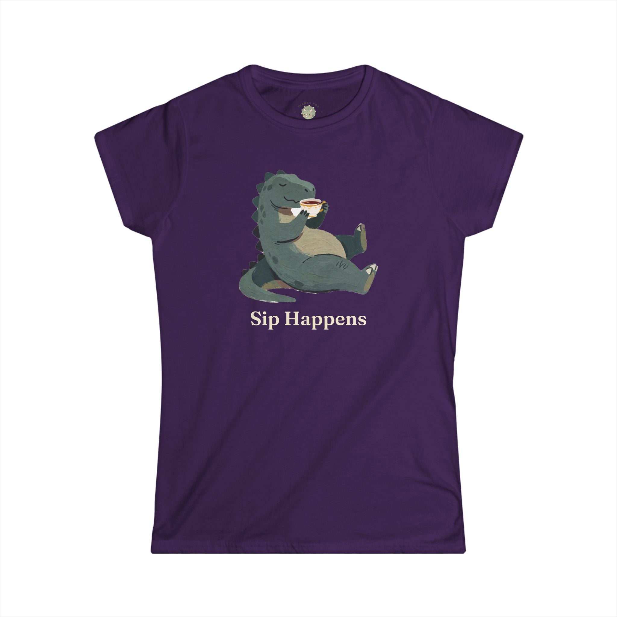 Women's Sip Happens T-Shirt — Funny Dinosaur Coffee Tea Graphic Tee
