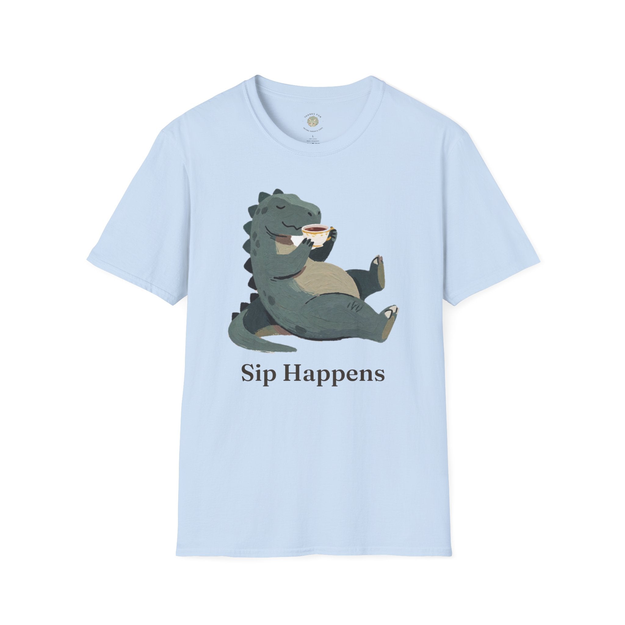 Sip Happens T-Shirt — Funny Dinosaur Coffee Tea Graphic Tee