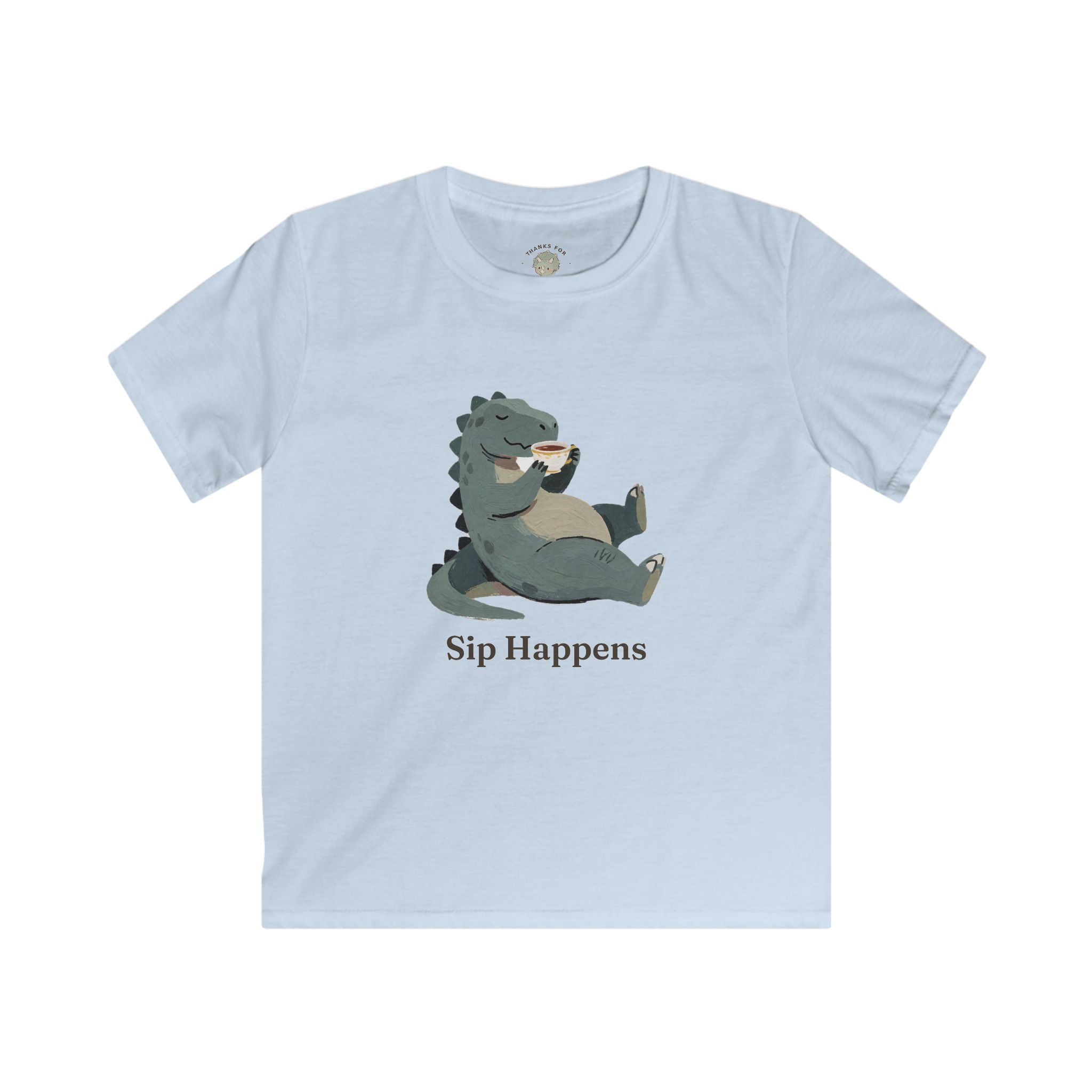 Kids Sip Happens T-Shirt — Funny Dinosaur Coffee Tea Graphic Tee