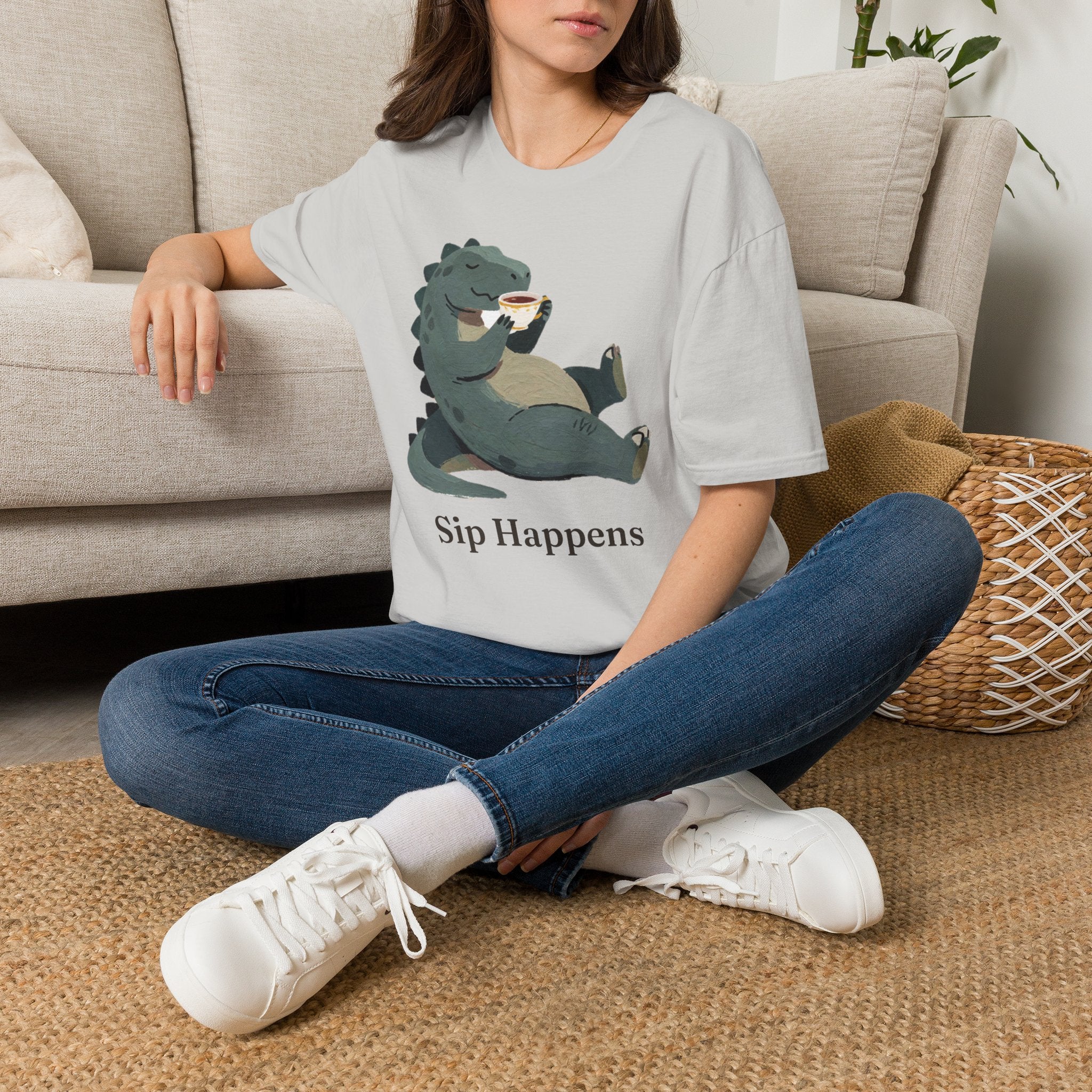 Sip Happens T-Shirt — Funny Dinosaur Coffee Tea Graphic Tee