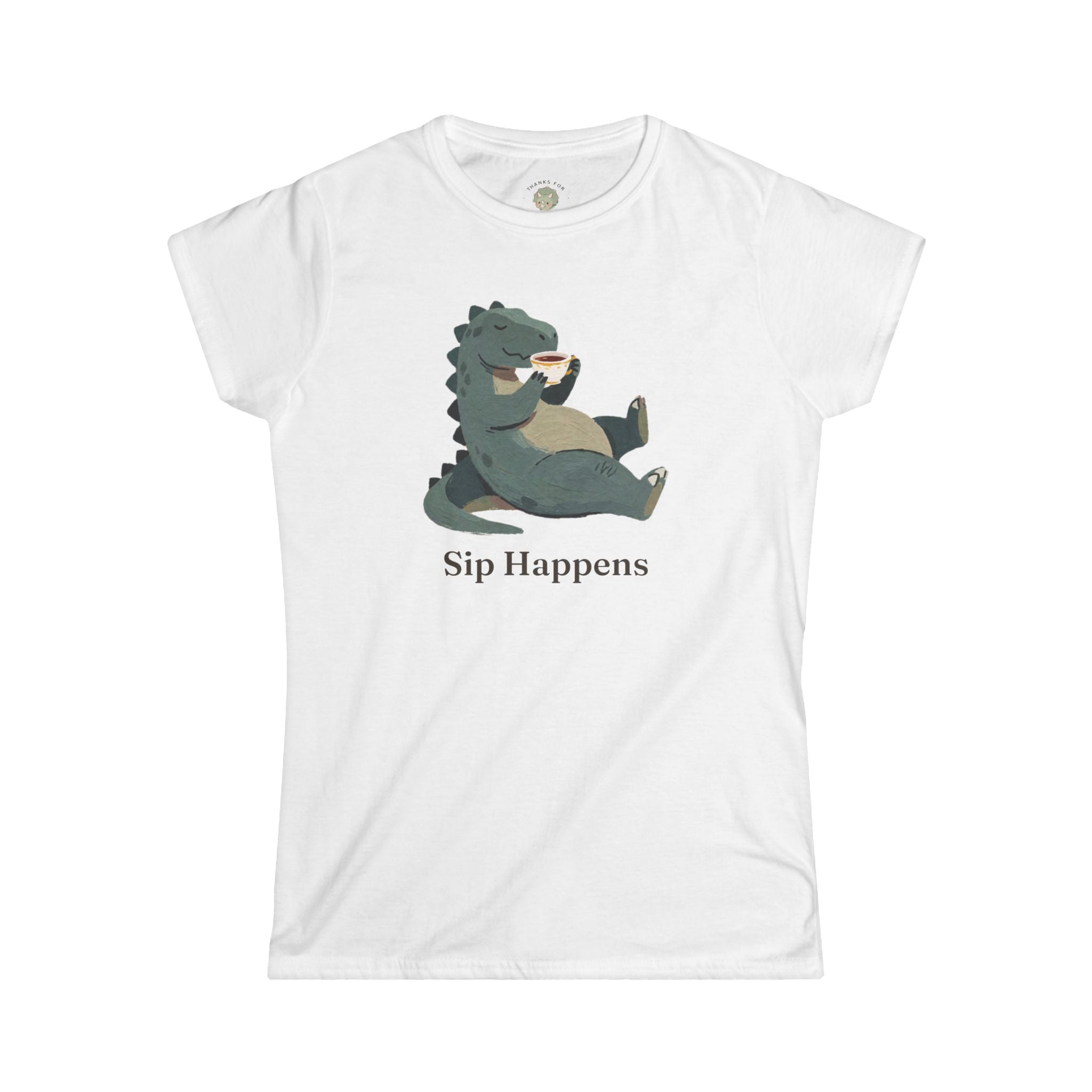Women's Sip Happens T-Shirt — Funny Dinosaur Coffee Tea Graphic Tee
