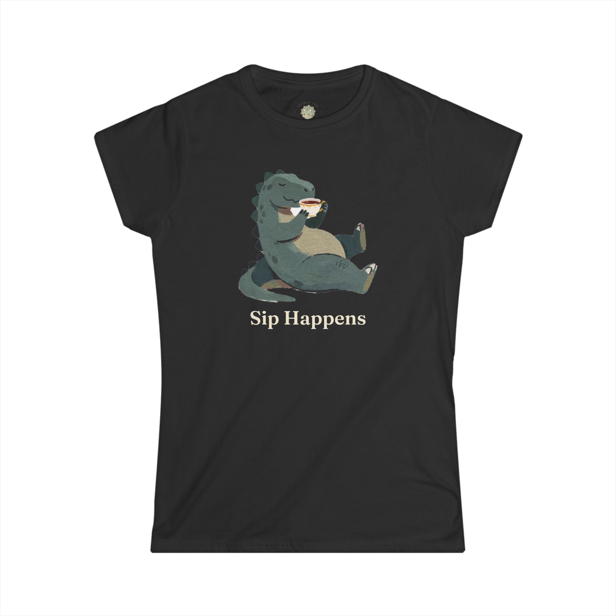 Women's Sip Happens T-Shirt — Funny Dinosaur Coffee Tea Graphic Tee