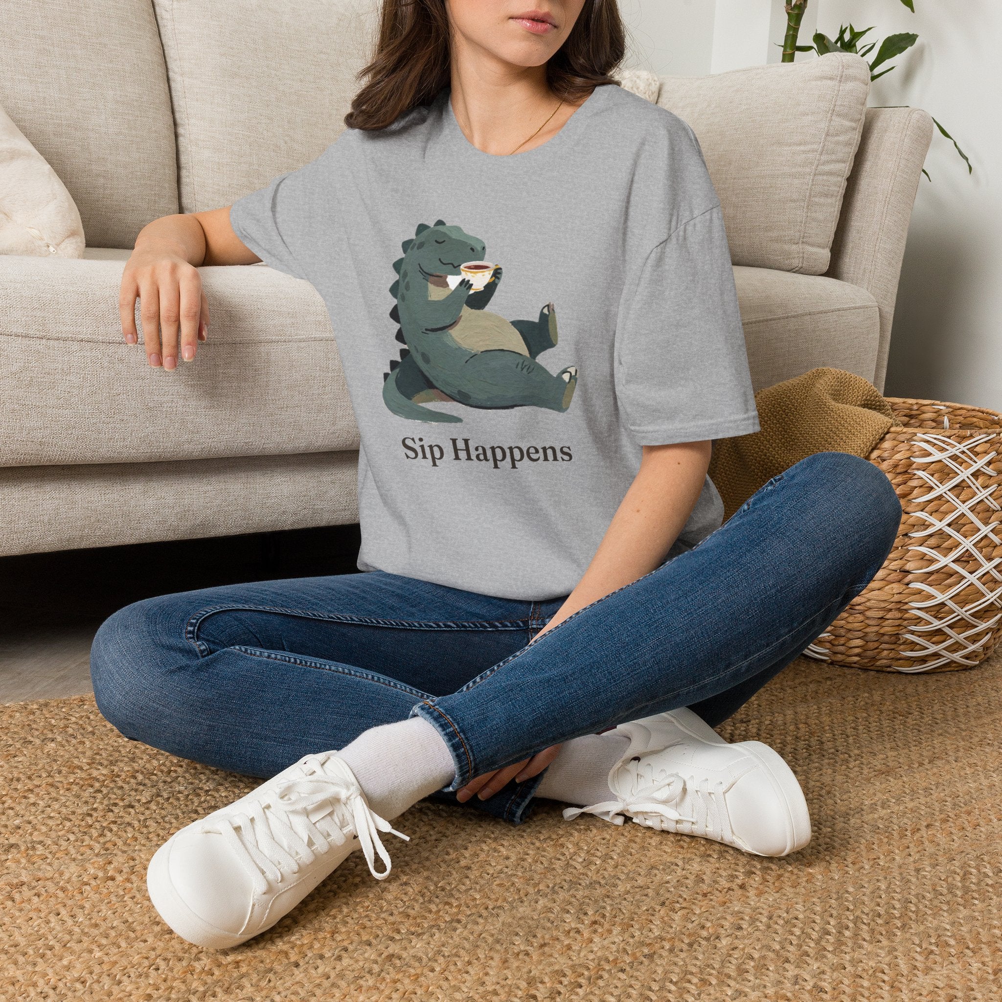 Sip Happens T-Shirt — Funny Dinosaur Coffee Tea Graphic Tee