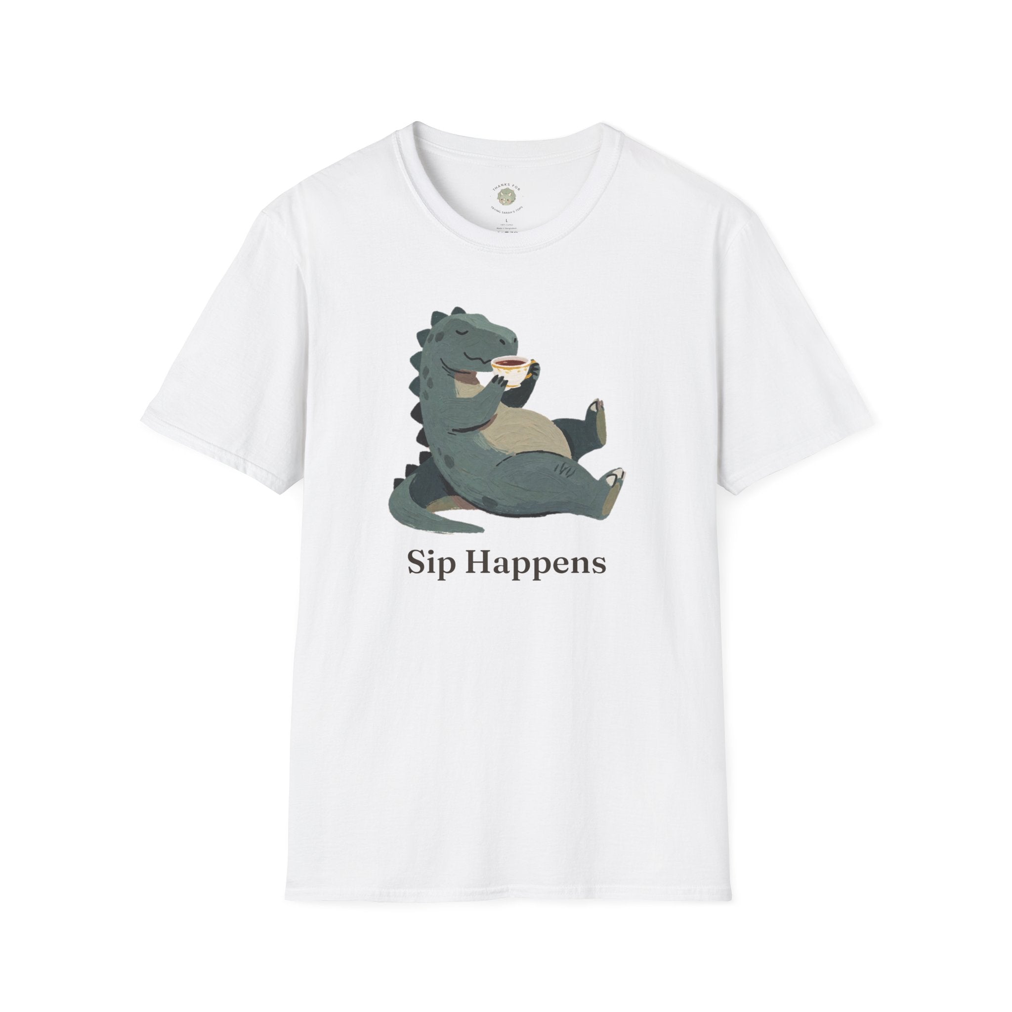 Sip Happens T-Shirt — Funny Dinosaur Coffee Tea Graphic Tee