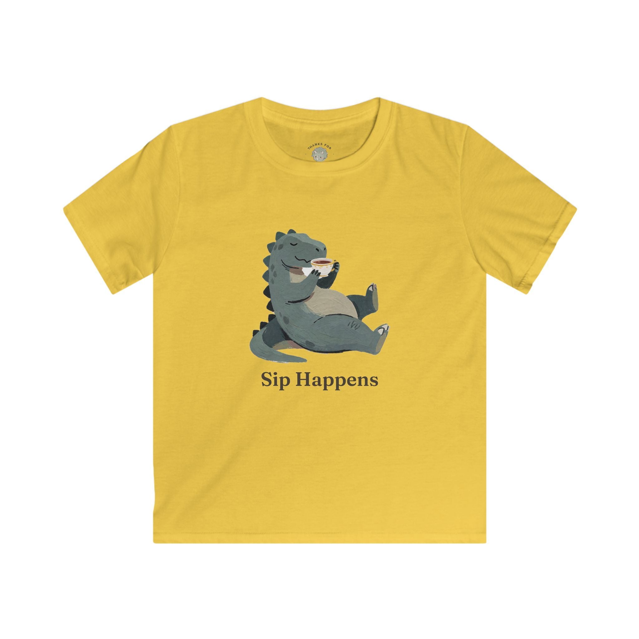 Kids Sip Happens T-Shirt — Funny Dinosaur Coffee Tea Graphic Tee