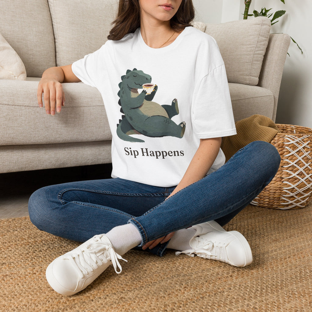 Sip Happens T-Shirt — Funny Dinosaur Coffee Tea Graphic Tee