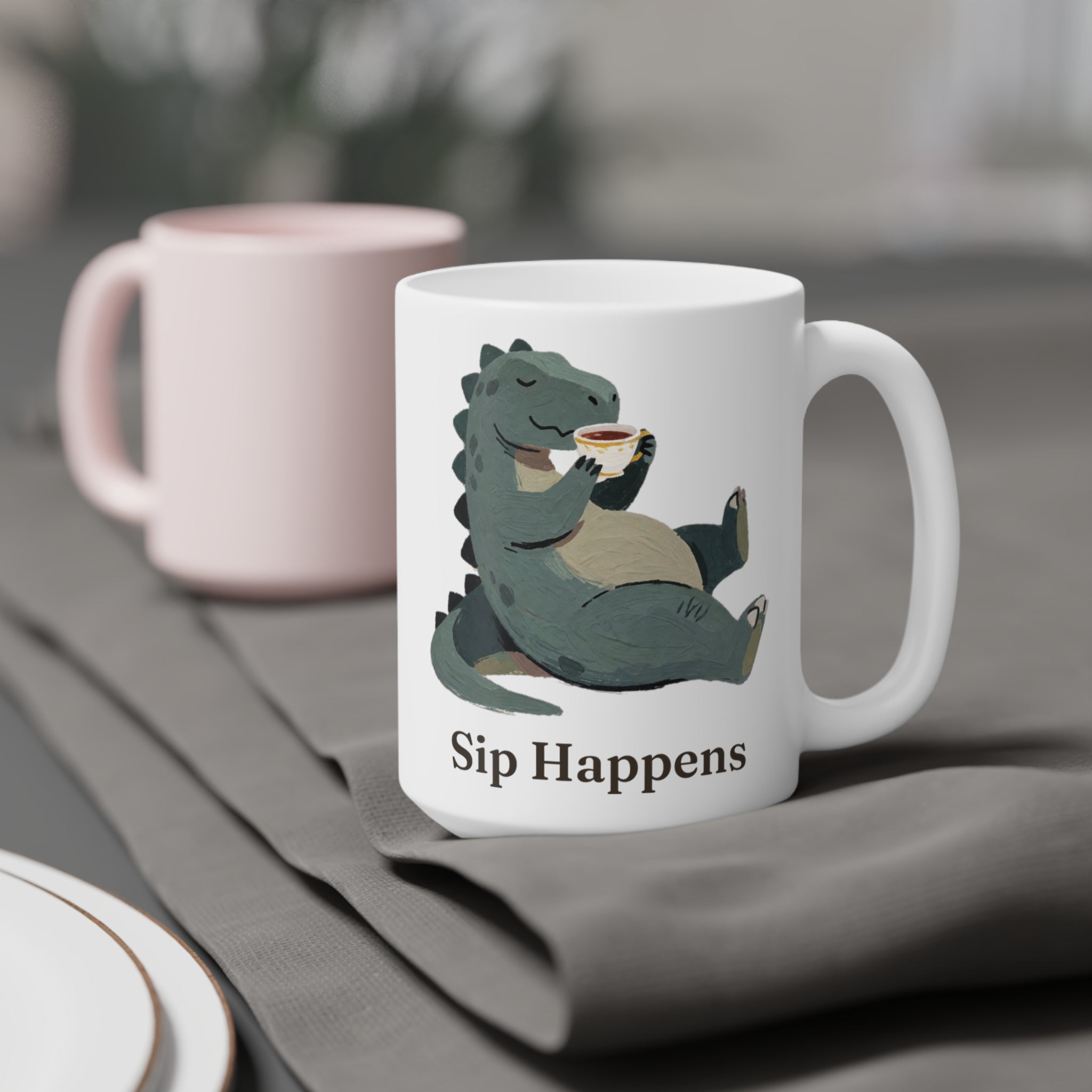 Sip Happens Mug — Funny Dinosaur Coffee Tea Ceramic Mug