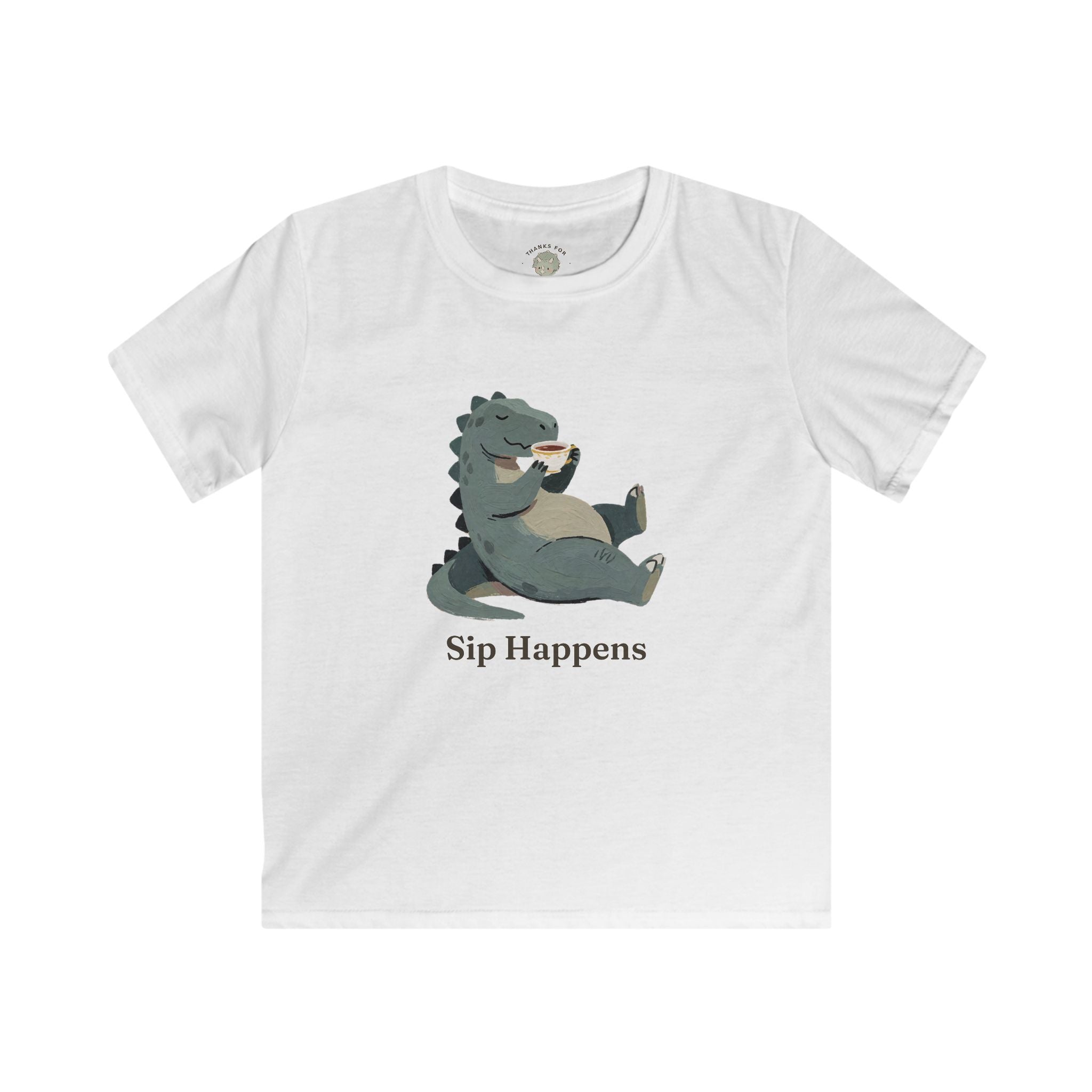 Kids Sip Happens T-Shirt — Funny Dinosaur Coffee Tea Graphic Tee