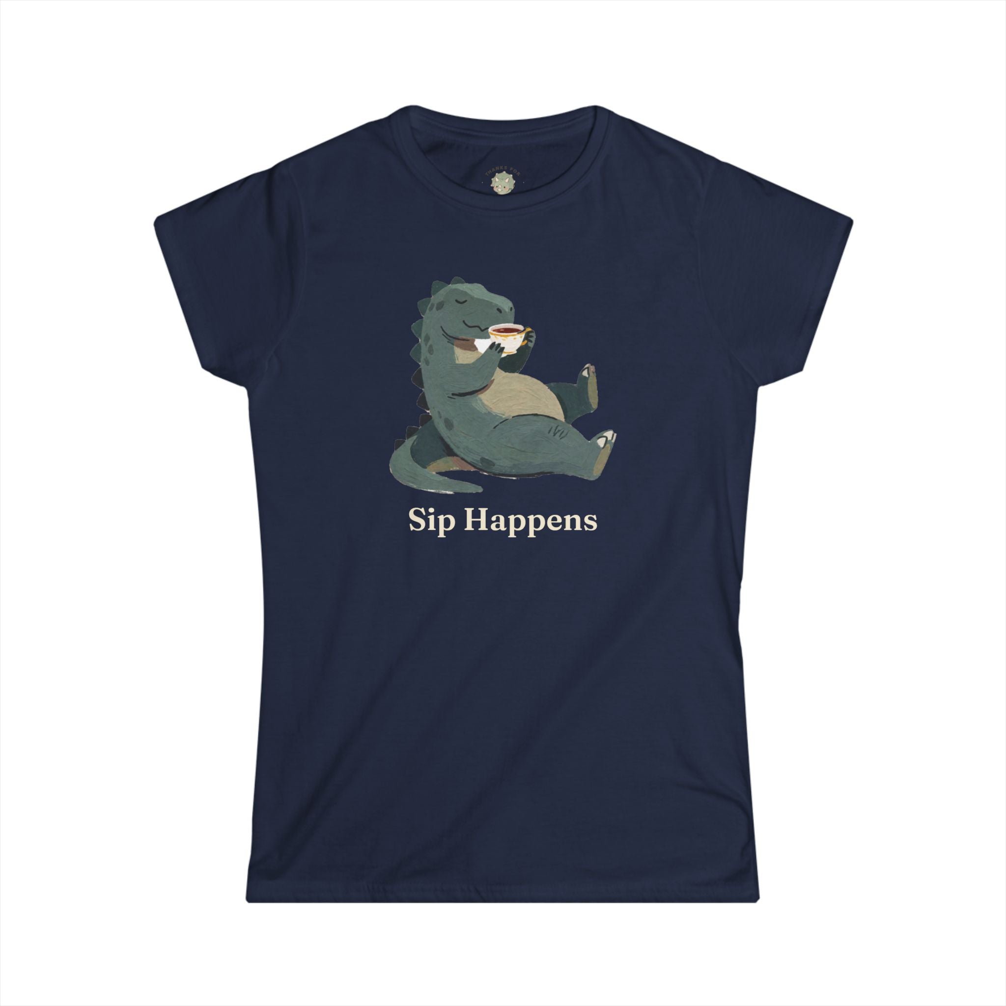 Women's Sip Happens T-Shirt — Funny Dinosaur Coffee Tea Graphic Tee