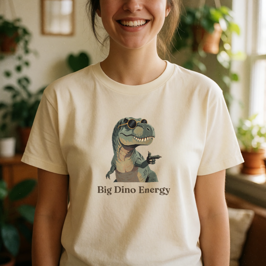 Big Dino Energy dinosaur tee on model