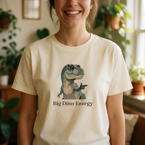 Big Dino Energy dinosaur tee on model