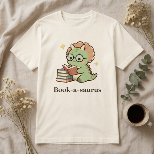 Book-a-saurus reading dinosaur t-shirt flat-lay