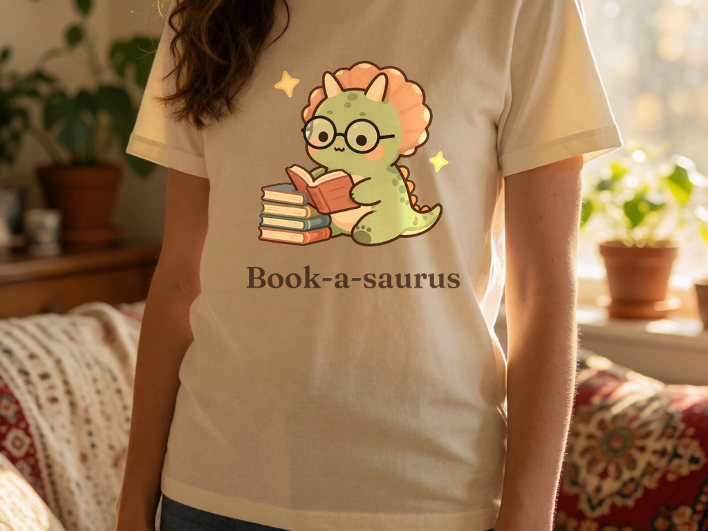 Book-a-saurus reading dinosaur t-shirt worn by model, cottagecore