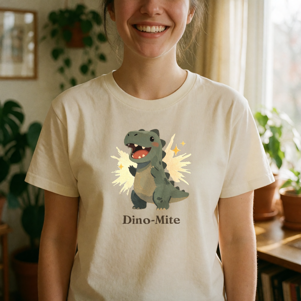 Dino-Mite dinosaur tee on model