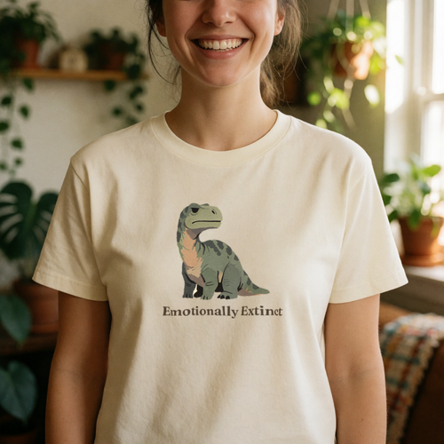 Emotionally Extinct dinosaur tee on model