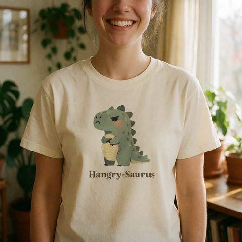 Hangry-Saurus dinosaur tee on model