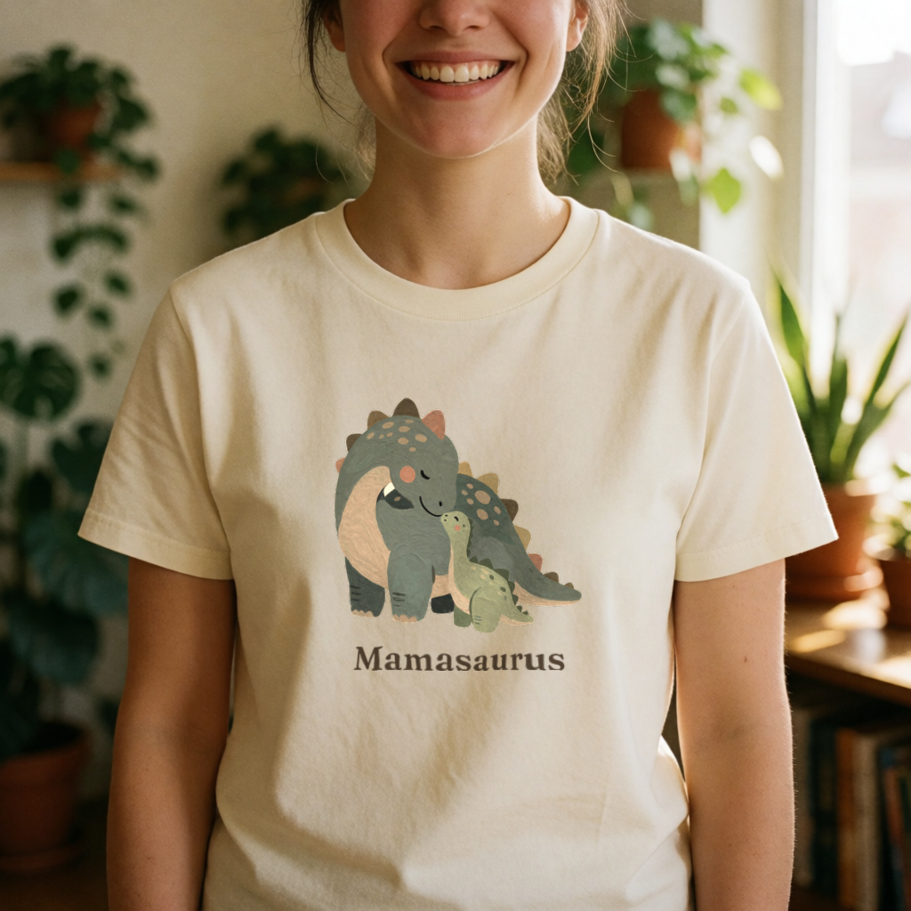 Mamasaurus dinosaur tee on model