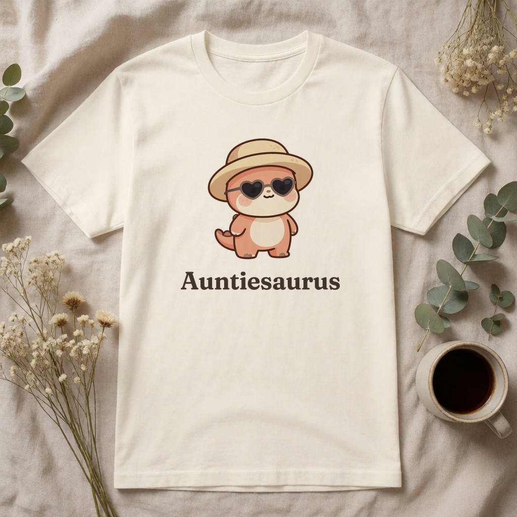 Personalized Auntie dinosaur name t-shirt flat-lay