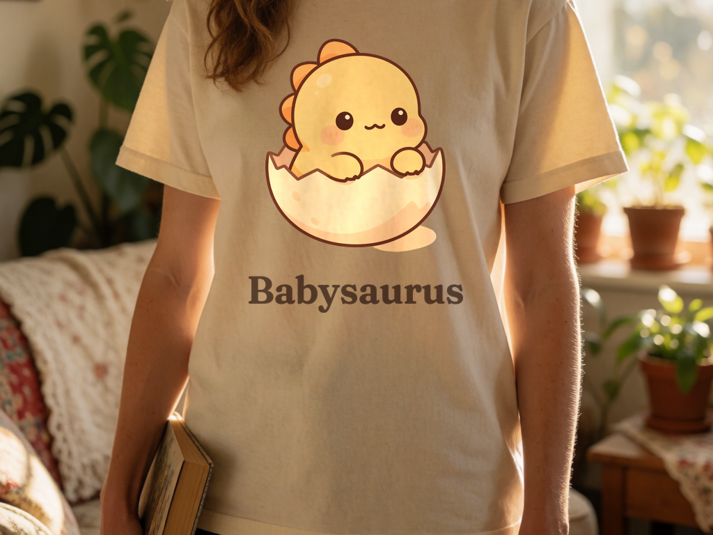 Personalized Baby dinosaur name t-shirt worn by model, cottagecore