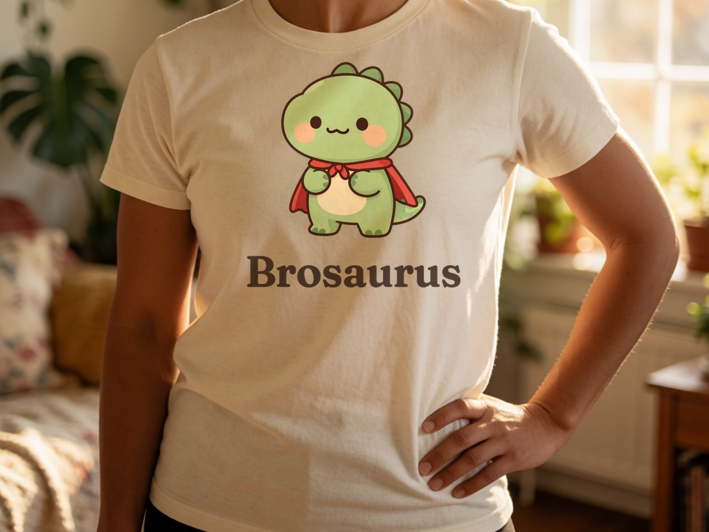 Personalized Big Brother dinosaur name t-shirt worn by model, cottagecore