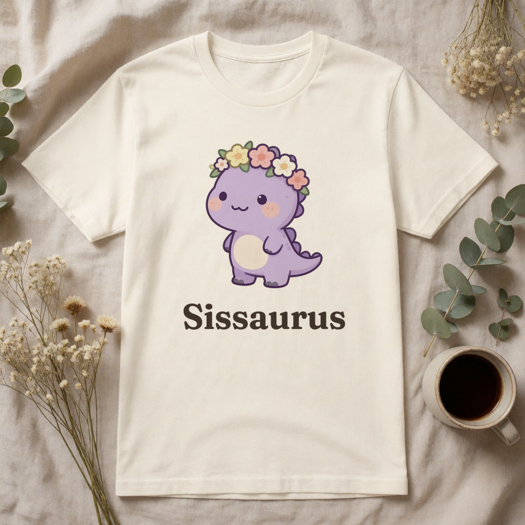 Personalized Big Sister dinosaur name t-shirt flat-lay