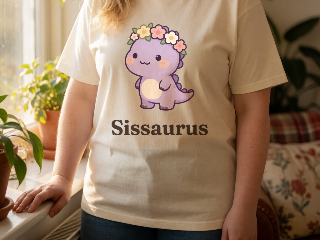 Personalized Big Sister dinosaur name t-shirt worn by model, cottagecore