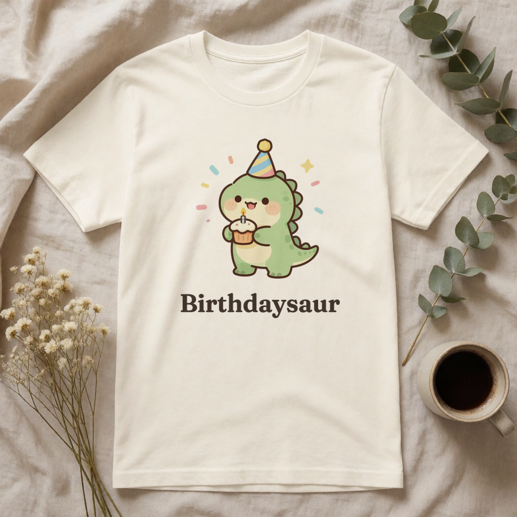 Personalized Birthday dinosaur name t-shirt flat-lay