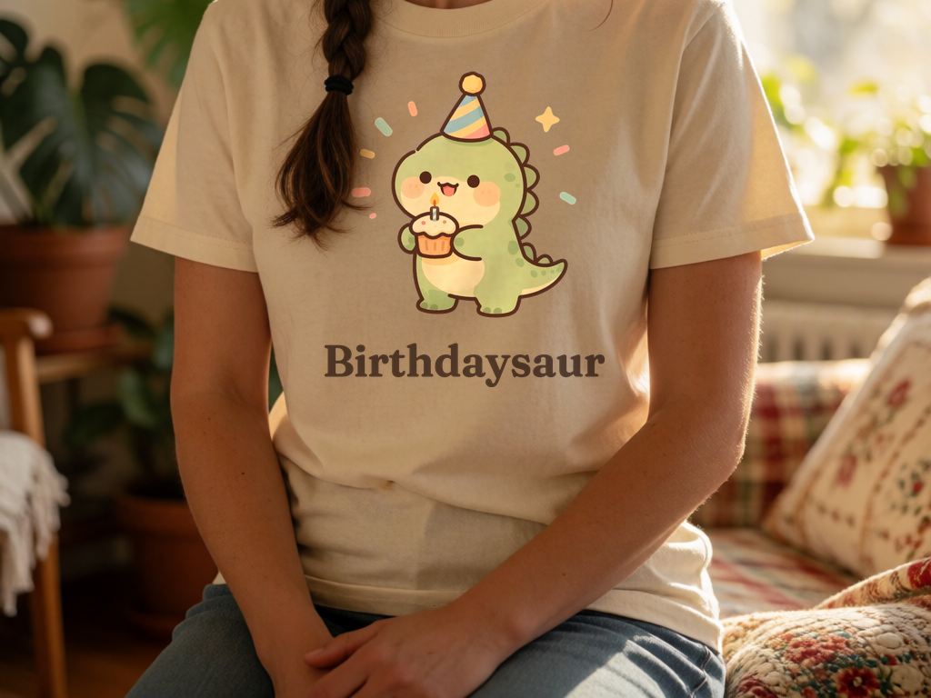 Personalized Birthday dinosaur name t-shirt worn by model, cottagecore