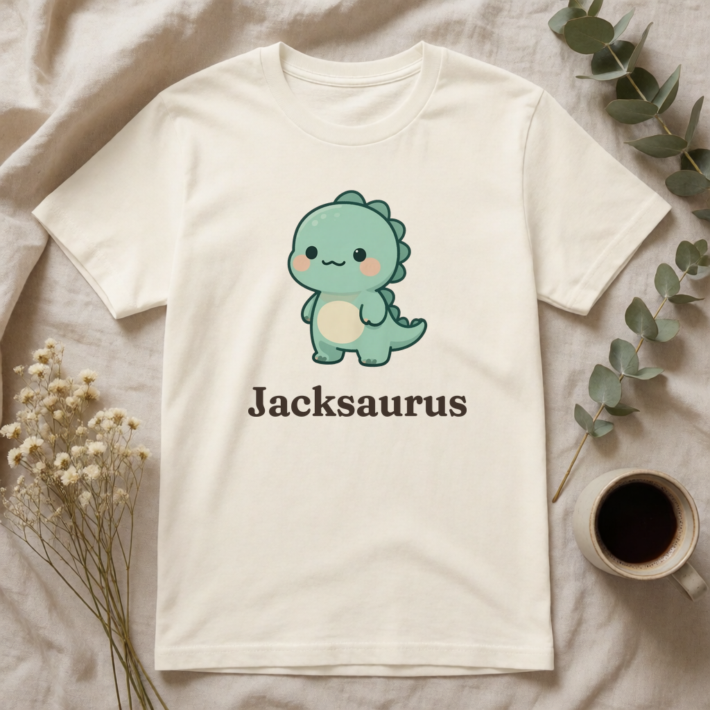 Personalized dinosaur name t-shirt flat-lay