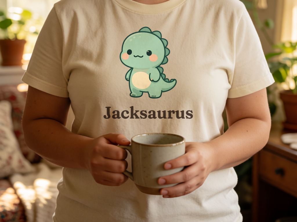 Personalized dinosaur name t-shirt worn by model — cottagecore style