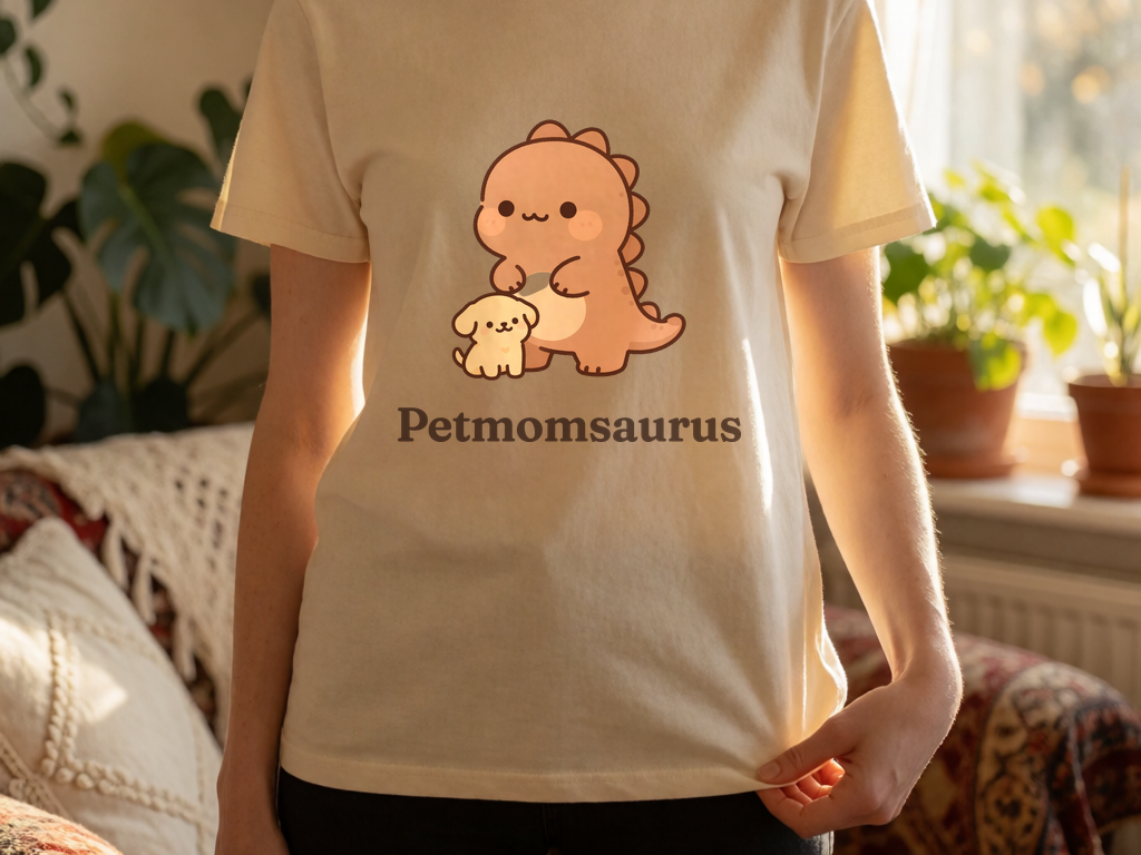 Personalized Fur Parent dinosaur name t-shirt worn by model, cottagecore
