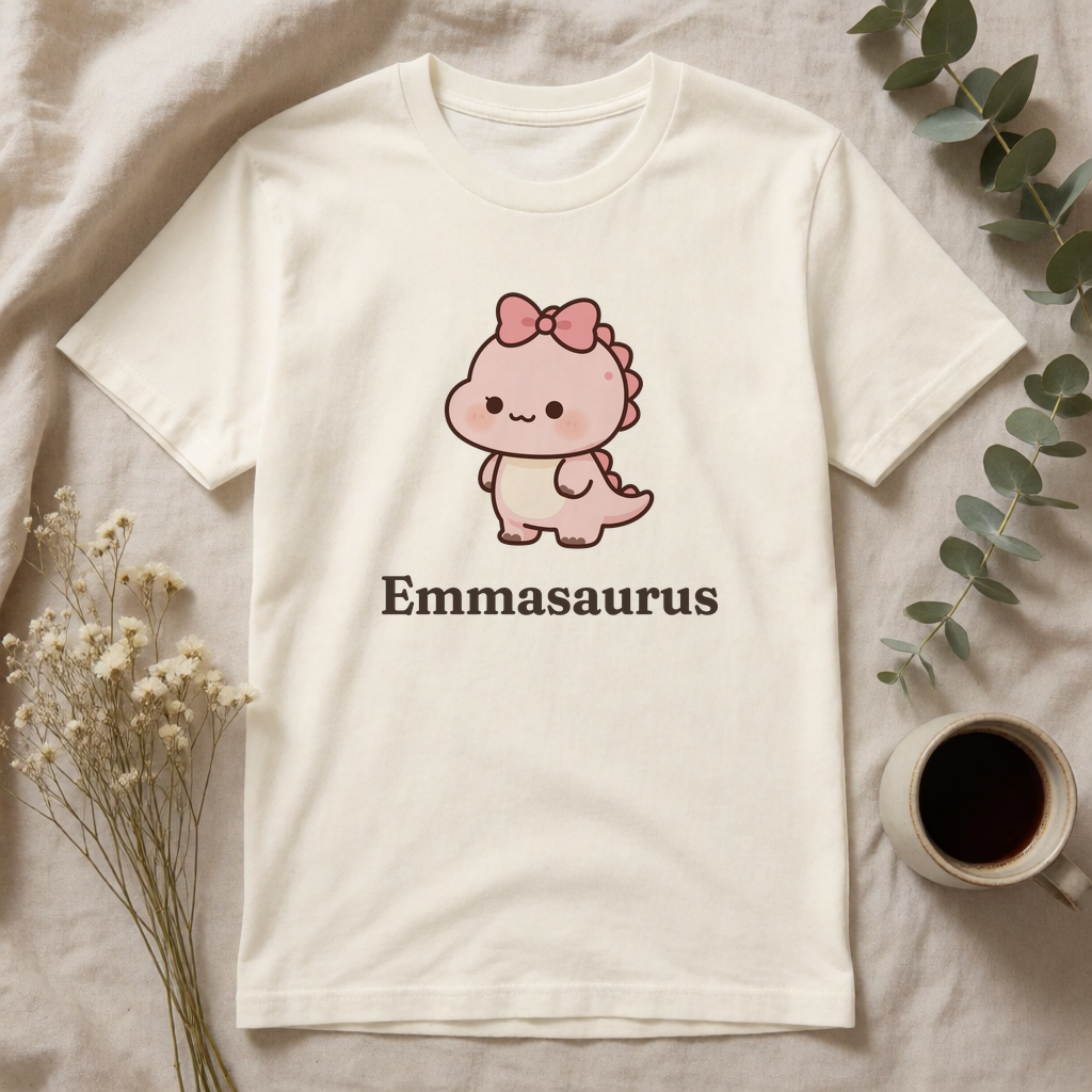 Personalized Girl dinosaur name t-shirt flat-lay