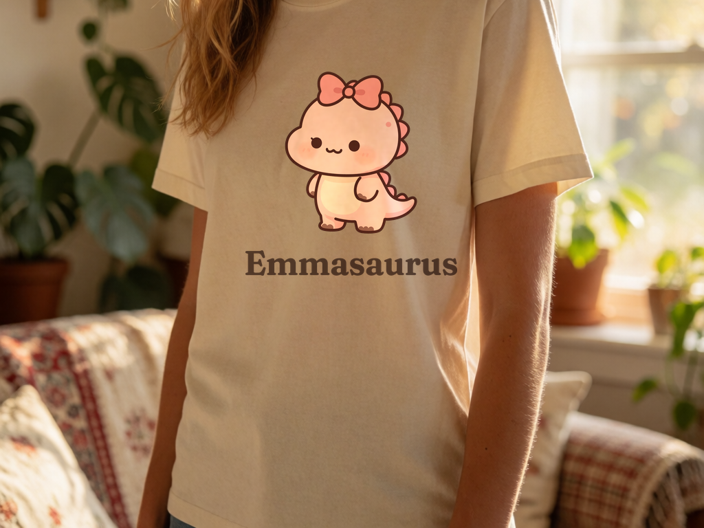 Personalized Girl dinosaur name t-shirt worn by model, cottagecore