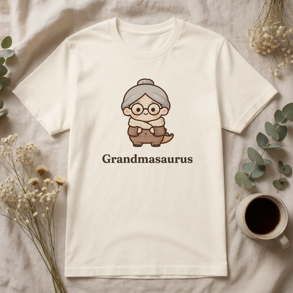 Personalized Grandma dinosaur name t-shirt flat-lay
