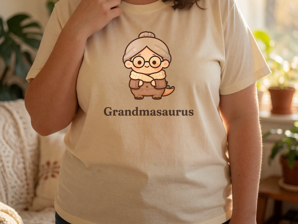 Personalized Grandma dinosaur name t-shirt worn by model, cottagecore