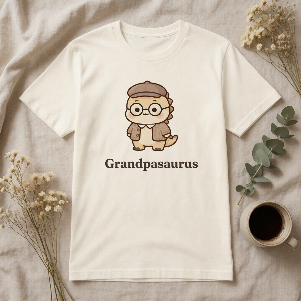 Personalized Grandpa dinosaur name t-shirt flat-lay